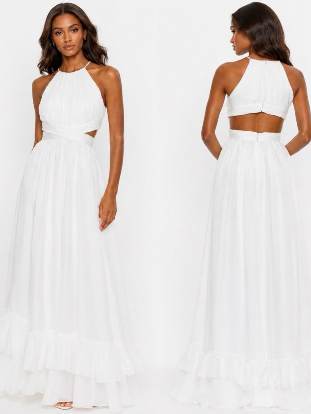 Mac Duggal Size 2 White Chiffon Halter Neck Cross Back Cut Out Maxi Gown Dress